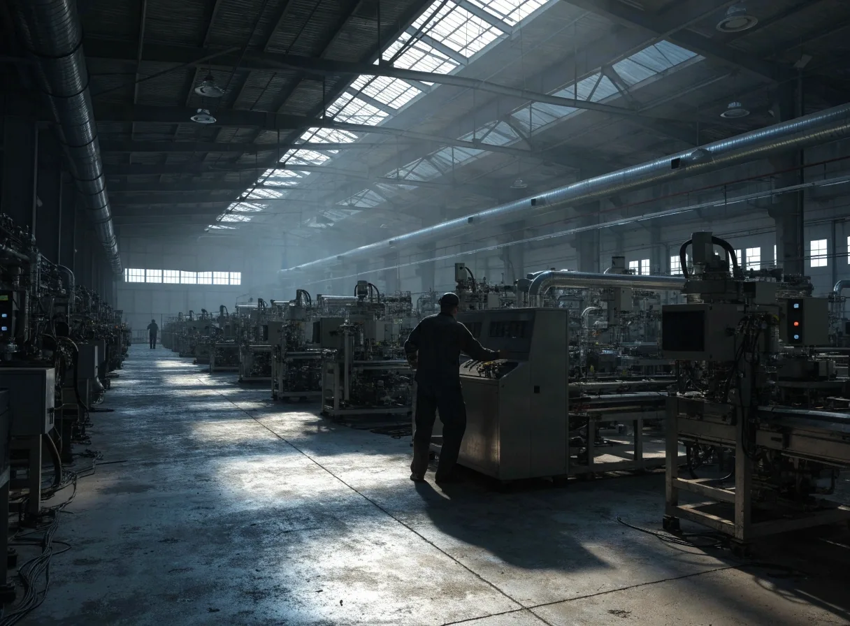 Polígono industrial español al amanecer con un trabajador de espaldas