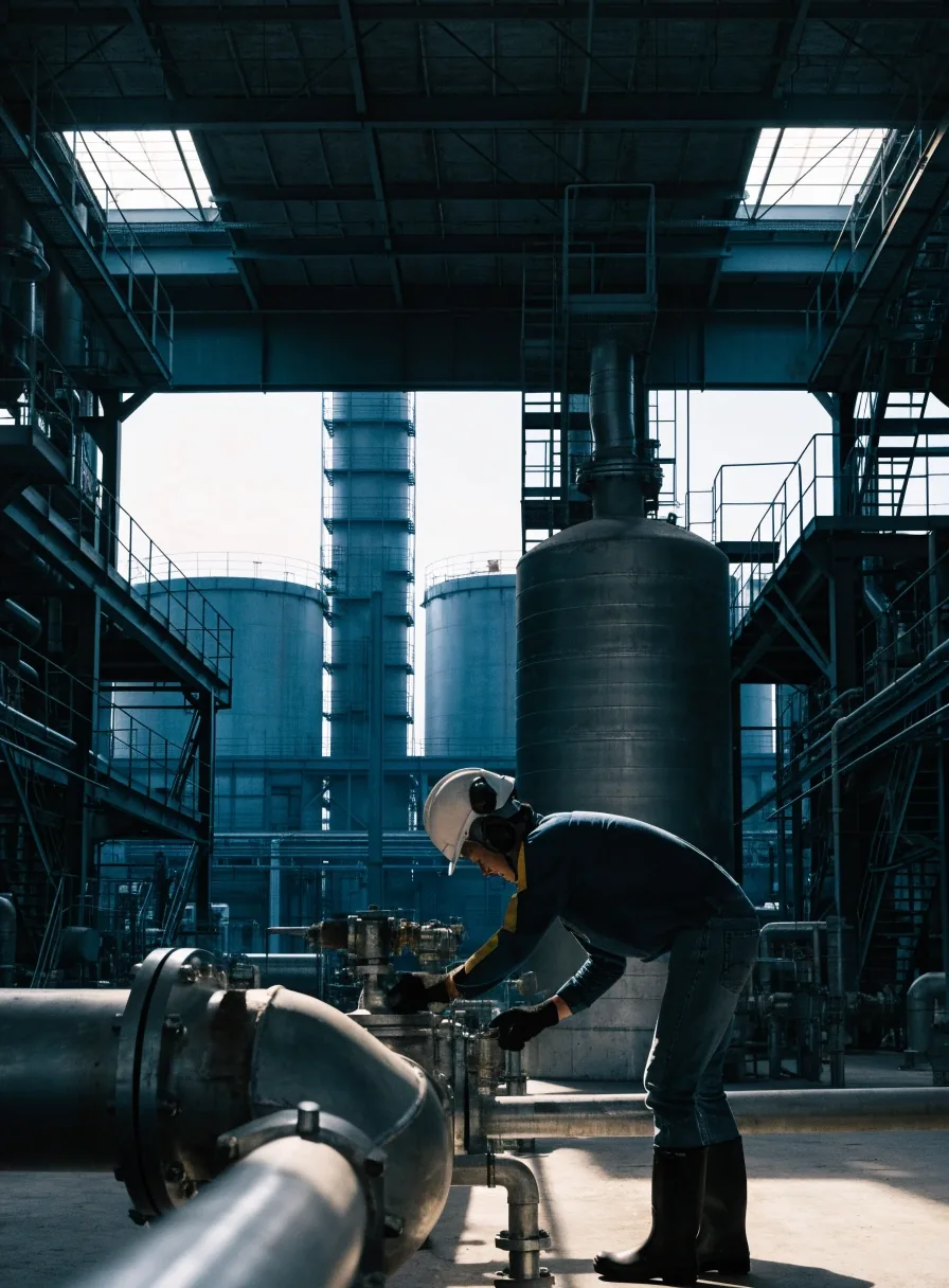 Planta industrial española desde el exterior al amanecer, silos y tuberías metálicas en primer plano